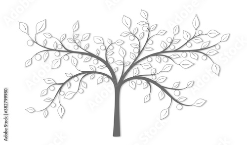 Tree with leaves and fruit in gray vintage style on a white background