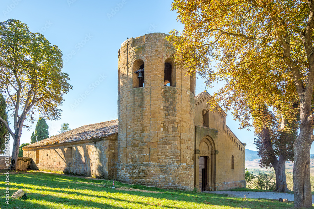View at the Church of San Modesto and San Vito near Corsignano in Italy