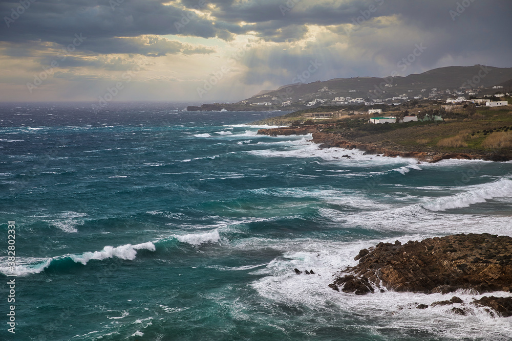 Moody Seascape. Isolated. Seacoast view in Autumn in Syros island, Greece. Stock Image
