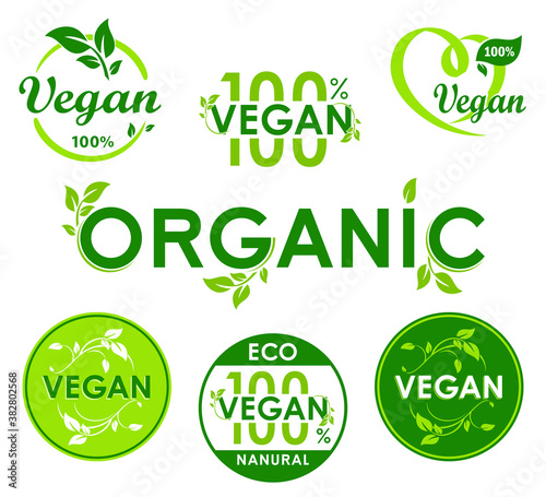 Vegan Organic Eco Vector Icon Set. Ecology Bio flat sign. Green leaf. Vector illustration