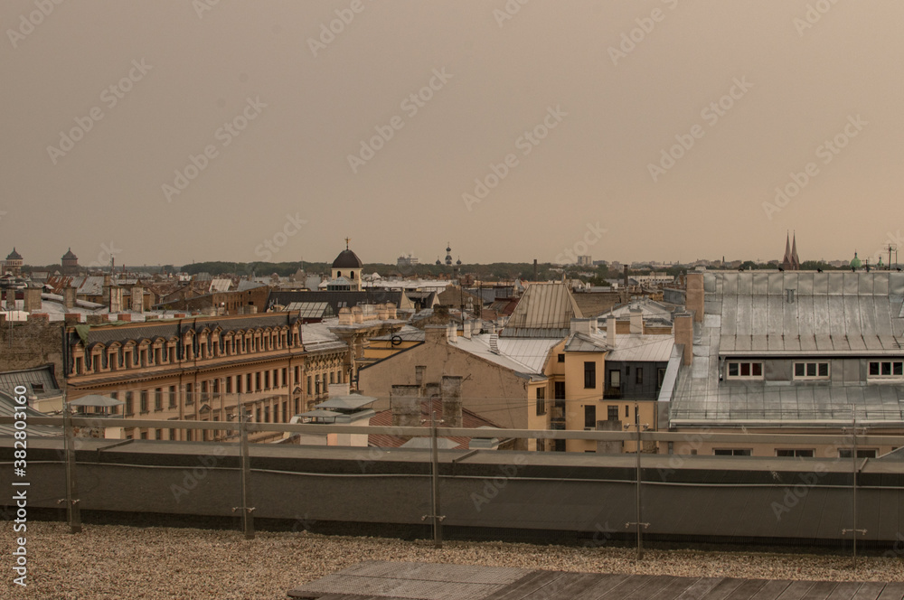 Location - Riga, Latvia. Shoot date - 10/04/2020. Top view of the Latvian capital Riga in Autumn. Top view of old town Riga. Vintage.
