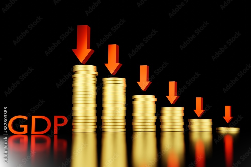 GDP red Arrow go down with stacks of gold coins. The value decreases ...