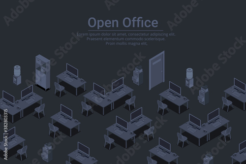 Empty workplaces with computers in Open Office Isometric Flat black monochrome vector concept.