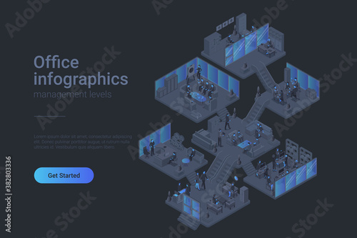 Office room departments Isometric Flat black monochrome vector concept.