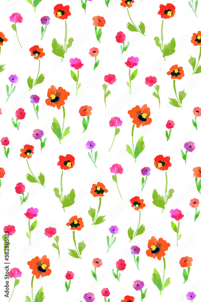 Floral seamless pattern with different flowers and leaves. Botanical illustration hand painted. Textile print, fabric swatch, wrapping paper.