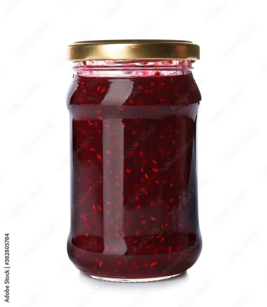 Glass jar with raspberry jam isolated on white. Pickling and preservation Glass jar with raspberry jam isolated on white. Pickling and preservation