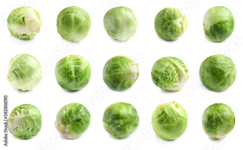 Set of fresh Brussels sprouts on white background