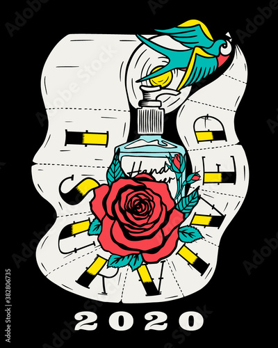 Traditional Tattoo Style 2020 Toilet Paper Shortage Fun Artwork with Rose and Swallow