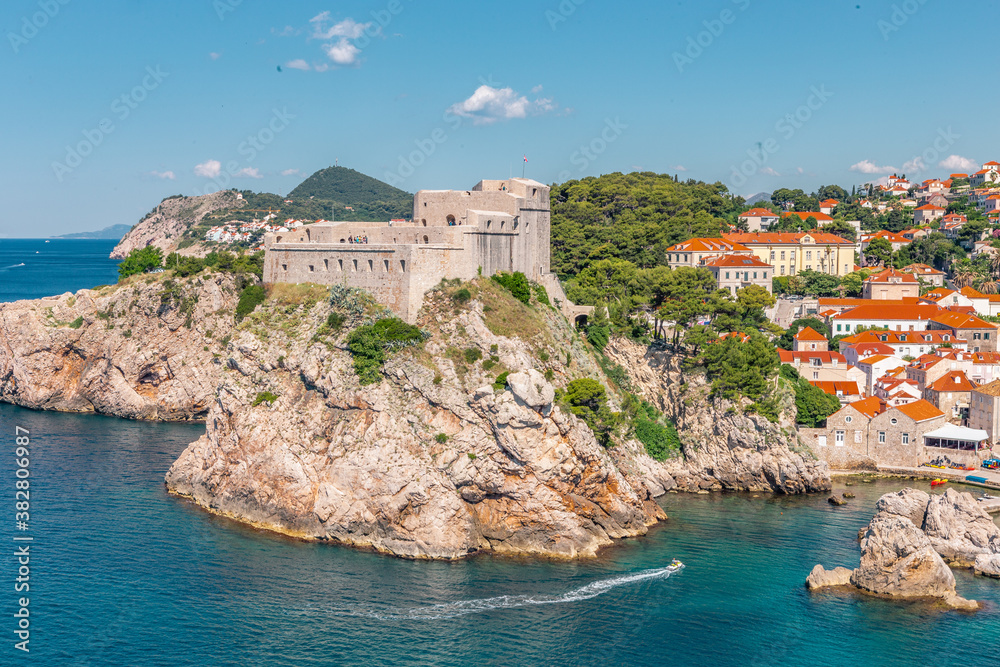 The old fortress in Dubrovnik, on a big rock,  at a sunny day.