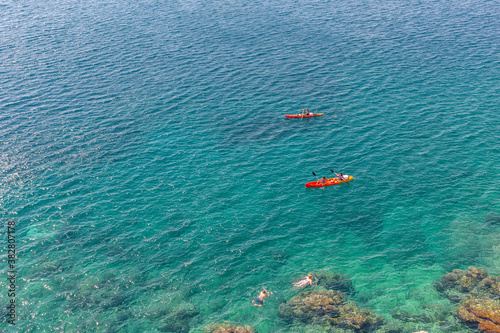 A bunch of kayaks at the coast of Dubrovnik, Croatia.