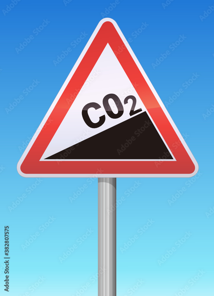 Panneau de danger d'augmentation du CO2 et ciel bleu Panneau de danger d'augmentation du CO2 et ciel bleu