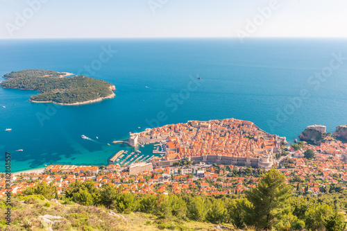 Panorama view of the old town Dubrovnik by the sea, in Croatia, shot from the top of the hill.