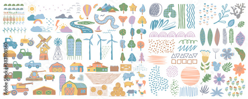 Cute farm set. Farm drawings collection. Cute set of village life and objects for a poster, banner or postcard, freehand drawings of animals, trees, traсtor and house.