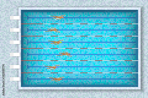 Pool with blue water and swimming people. Top view. Olympic swimming pool with clean transparent blue water. Bird eye view of blue swimming pool with swimmers and starting platform. 