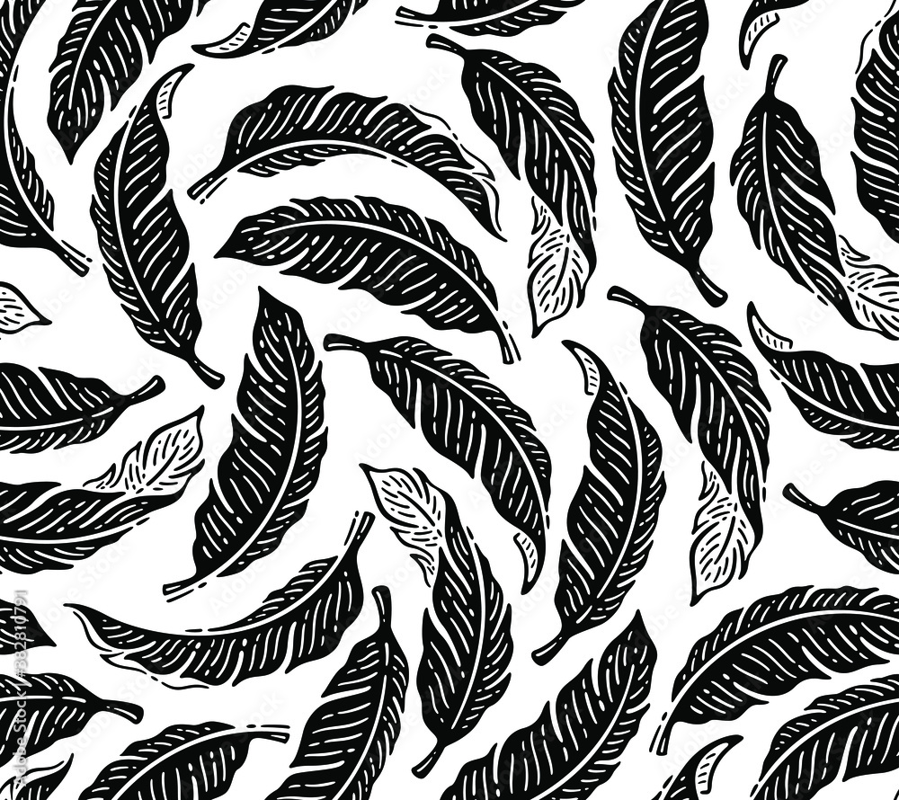 Seamless banana leaf pattern background. Black and white with  illustration.