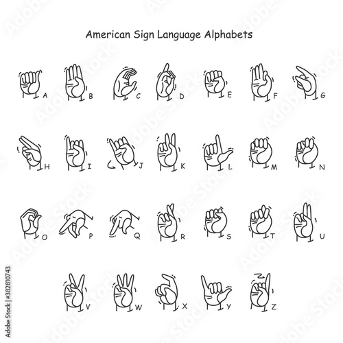 Hand gestures showing A-Z letters line icons set. Fingerspelling American language. Sign alphabet for deaf-mutes. Communication for disabled people. Isolated vector illustration. Editable stroke 