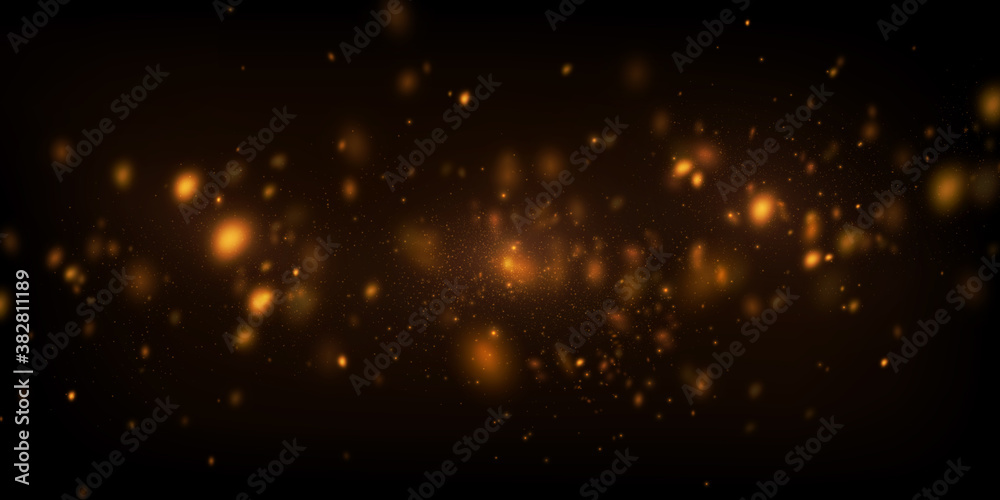Abstract vector background with golden particles explosion. Glowing bokeh lights, defocused glitters. - obrazy, fototapety, plakaty 