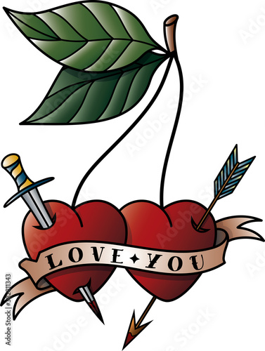 Cherry tattoo with the words love you. Valentine's day