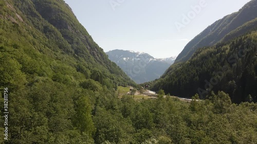 Drone video of a green valley located in the region of Hardanger, Norway. photo