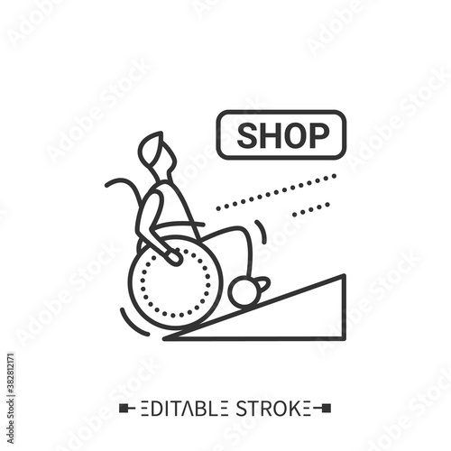 Wheelchair ramp line icon. Handicapped people shop entrance.Accessible, inclusive city.Barriers-free environment and social adapting for disabled people.Isolated vector illustration. Editable stroke 