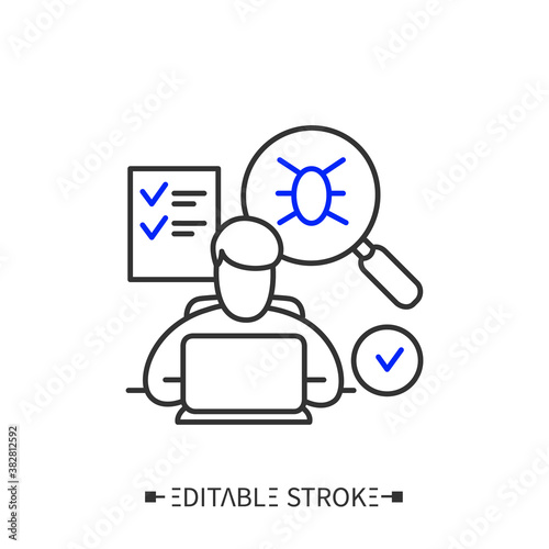 App testing line icon. Quality assurance. Bug searching. Information smart technologies, programming. Mobile app production process concept. Isolated vector illustration. 