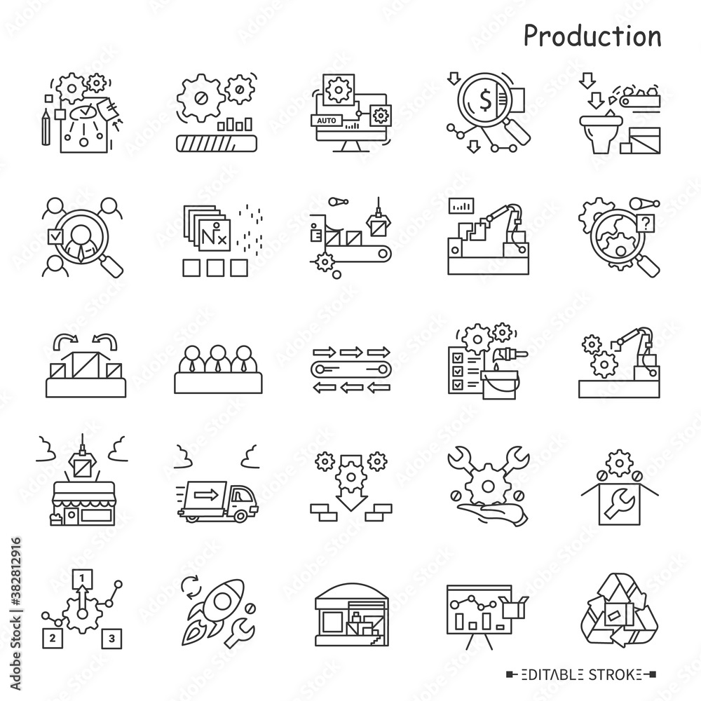 Production line icons set. Industry icons. Production processes. Drafting, packing, shipping, trading, recycling and more. Stages and elements of a successful production cycle. Editable stroke