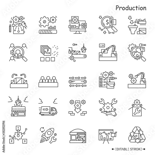 Production line icons set. Industry icons. Production processes. Drafting, packing, shipping, trading, recycling and more. Stages and elements of a successful production cycle. Editable stroke