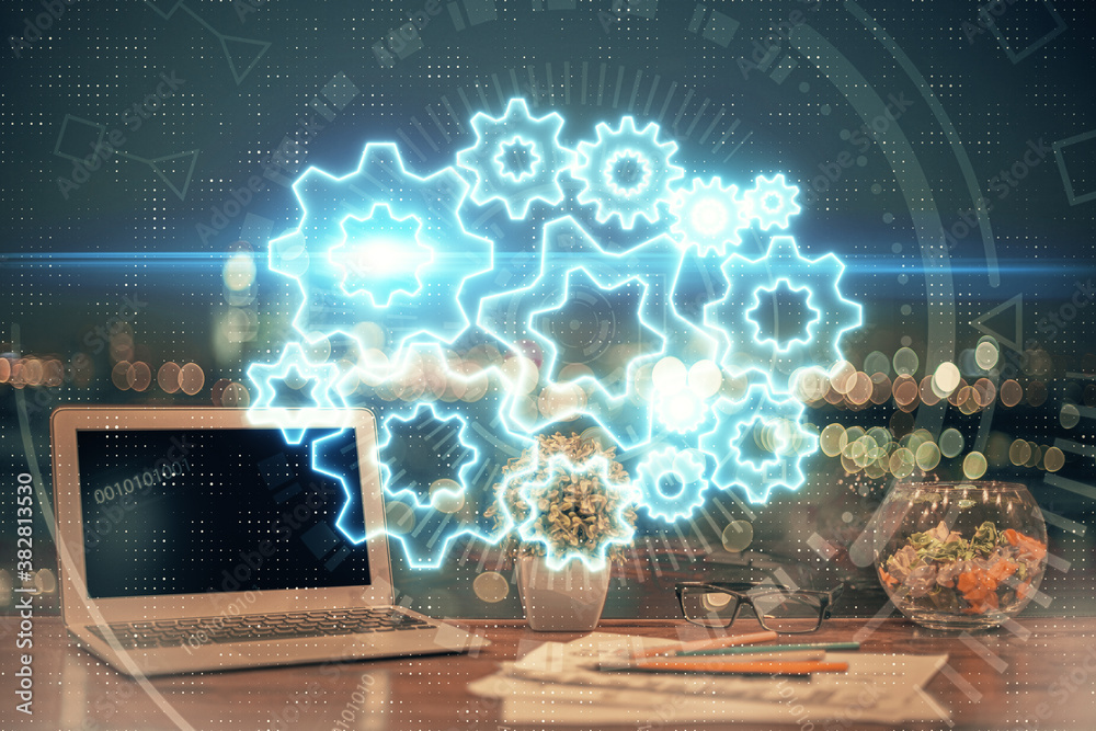 Multi exposure of business theme icons and work space with computer background. Concept of success. Multi exposure of business theme icons and work space with computer background. Concept of success.