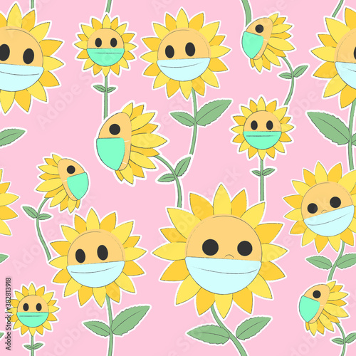 Flowers seamless pattern, Sunflowers cartoon characters wear a face masks on a pink wallpaper.	