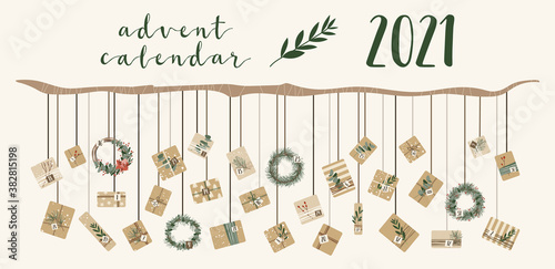 Advent calendar. Christmas presents in kraft paper and wreaths with numbers 1 to 31, 31 days. Rustic gift box. Eco decoration. New 2021 Year and Xmas celebration preparation. Vector flat cartoon style