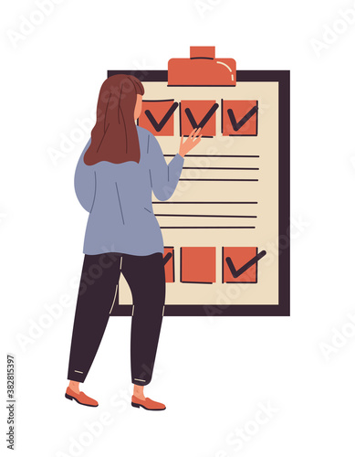 Business concept with the girl making working notes. Flat vector illustration