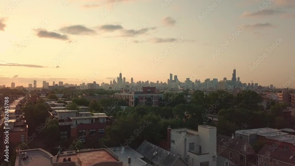Aerial, pov, Chicago skyline at sunset, USA Aerial, pov, Chicago skyline at sunset, USA