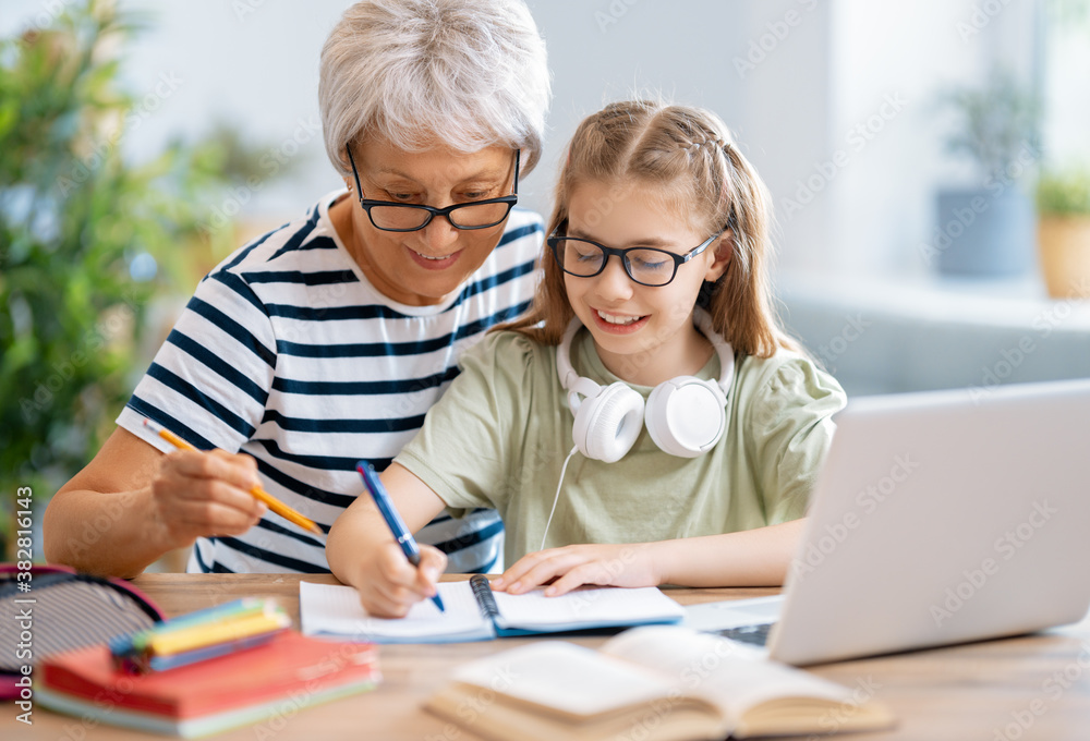 Fototapeta premium Girl doing homework or online education.