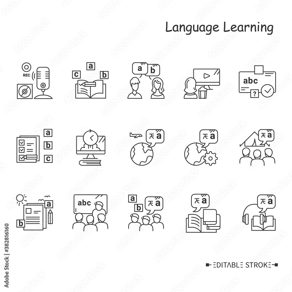 Foreign language learning line icon set. Learning methods, ways and processes. Speaking, listening, spelling, and more. Foreign languages learning . Isolated vector illustrations. Editable stroke