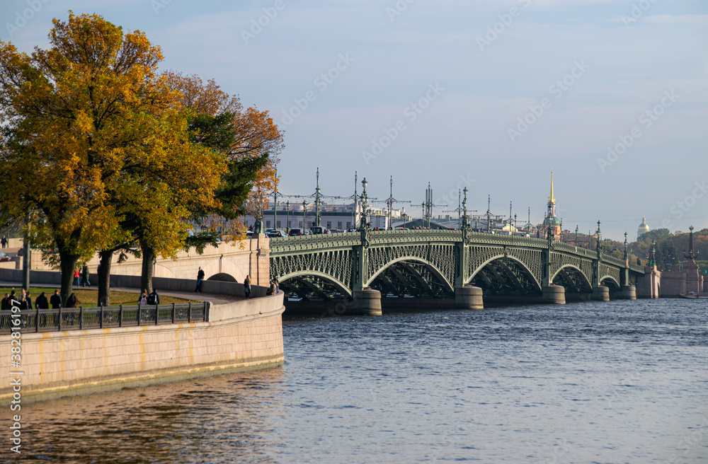 Trinity Bridge is a bascule bridge across the Neva in Saint Petersburg, Russia. It connects Kamennoostrovsky Prospect with Suvorov Square