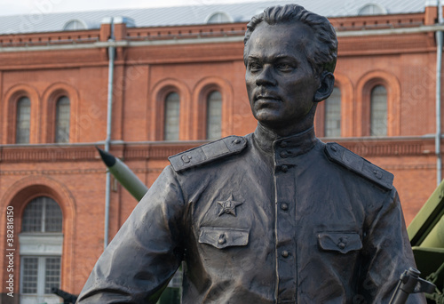 Monument to Mikhail Kalashnikov in Saint Peterbburg. He was Russian inventor, military engineer, writer, and small arms designer. He is most famous for developing the AK-47 assault rifle