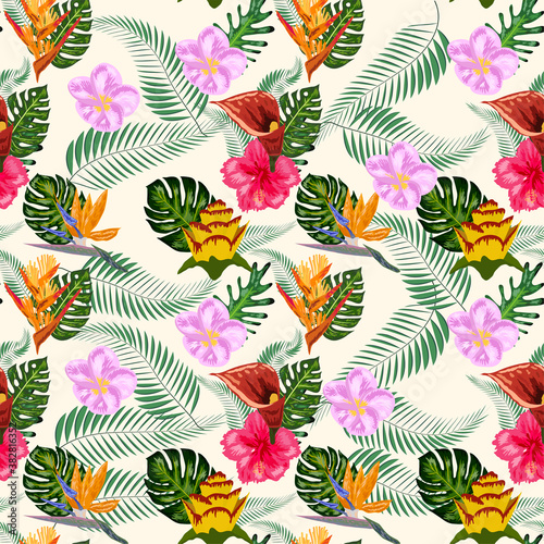 Seamless tropical pattern with palm, monstera leaves and many flowers of hibiscus, sterlitz, tropical
