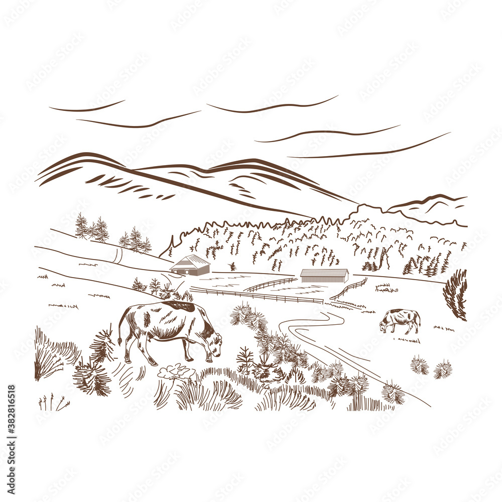 Fototapeta premium Black sketch cow farm landscape poster with cow grazing in a meadow next to mountains