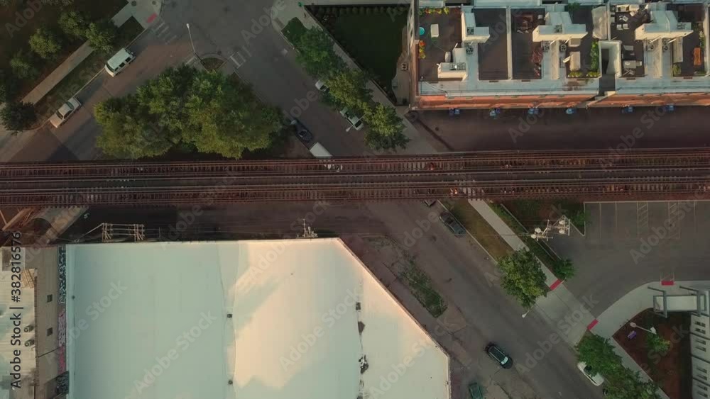 Aerial, pov, train tracks on an overpass, Chicago, USA Aerial, pov, train tracks on an overpass, Chicago, USA