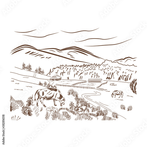 Black sketch cow farm landscape poster with cow grazing in a meadow next to mountains