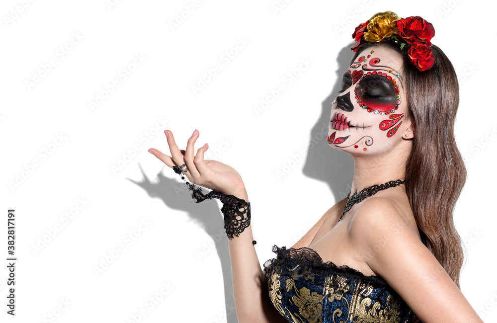 Sugar skull makeup. Halloween party, traditional Mexican carnival, Santa  Muerte. Beautiful young woman costume, painted face. Model girl pointing  hand, isolated on white background. Calavera Catrina foto de Stock | Adobe  Stock