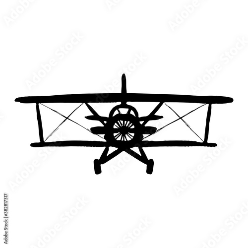 Biplane icon. Black contour silhouette. Front view. Ink sketch drawing. Vector flat graphic hand drawn illustration. The isolated object on a white background. Isolate.