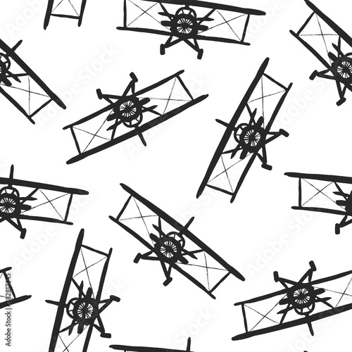 Black ink biplanes isolated on white background. Monochrome seamless pattern. Front view. Vector flat graphic hand drawn illustration. Texture.