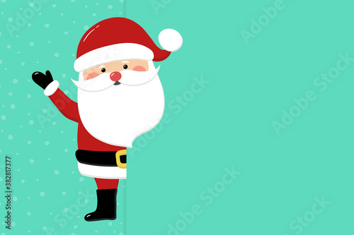 Happy Santa Claus on background with snowflakes and copyspace. Christmas element. Vector