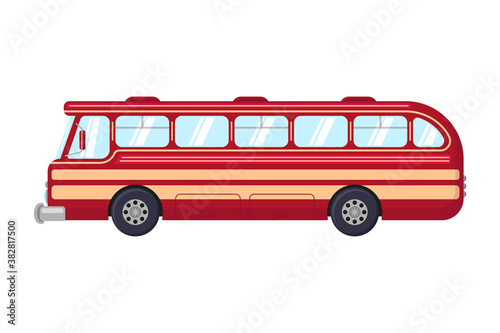 Beautiful red retro bus. Side view. Passenger transport. Colored silhouette. Vector flat graphic illustration. The isolated object on a white background. Isolate.