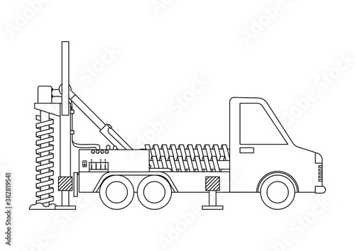 Drilling truck outline isolated on white background. Coloring page.