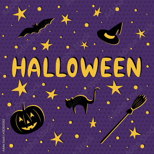 Halloween banner or party invitation background with bat, cat,  pumpkin, witch hat, broom and stars. Vector illustration. Halloween greeting card. Lettering 