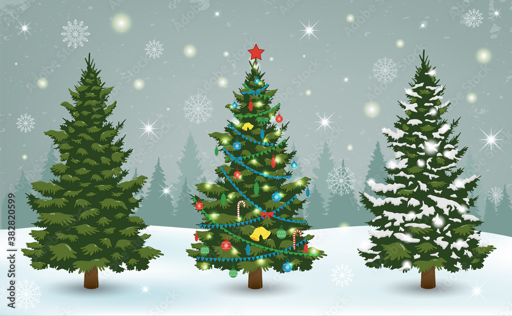 Christmas tree with decorations and gift boxes. Holiday background. Merry Christmas and Happy New Year. Vector