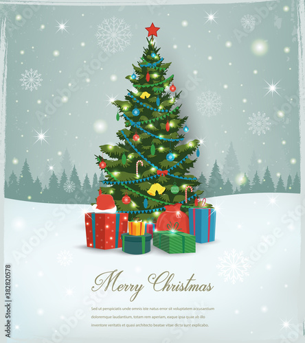 Christmas tree with decorations and gift boxes. Holiday background. Merry Christmas and Happy New Year. Vector