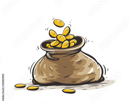 Full sack with gold coins. Hand drawn outline contour, draft isolated white background. Eps10 vector illustration.